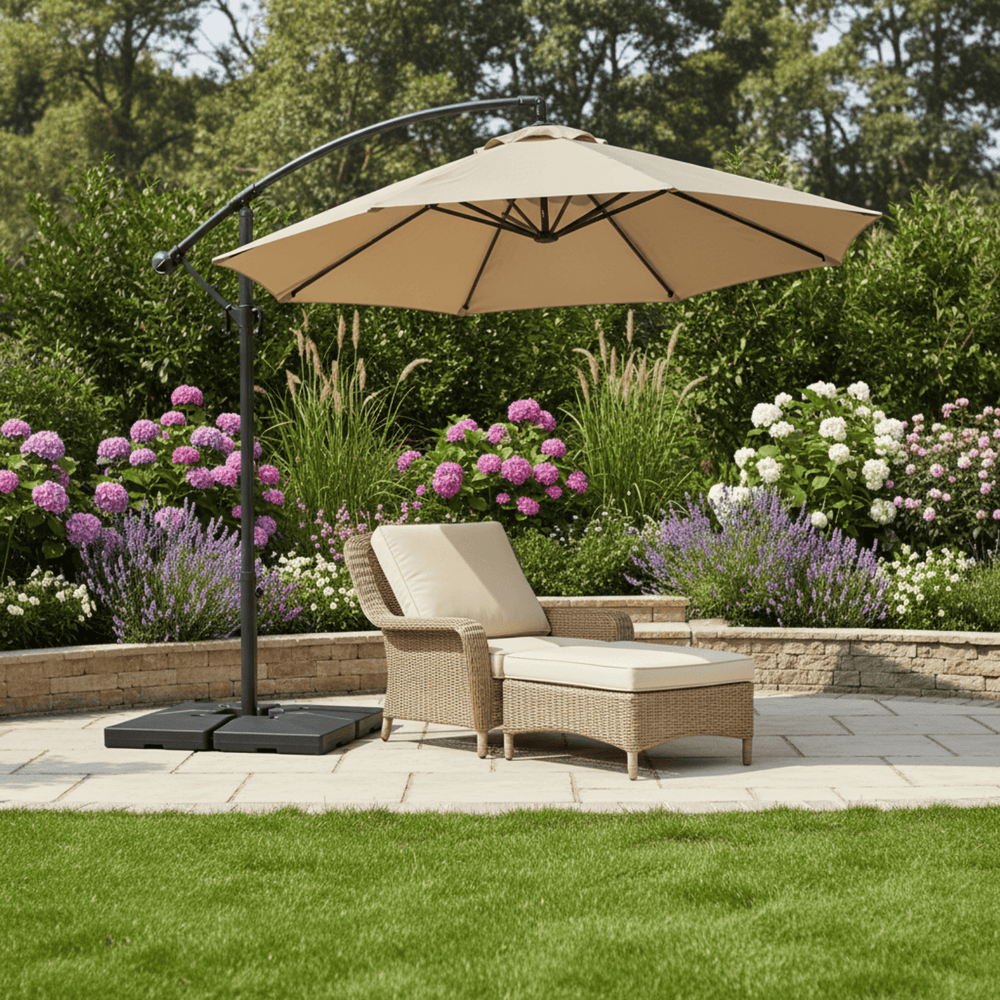 Beige patio umbrella and lounge chair set in a garden with flowers and greenery.