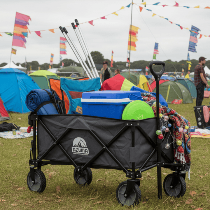 Azuma folding wagon with camping gear at a festival site