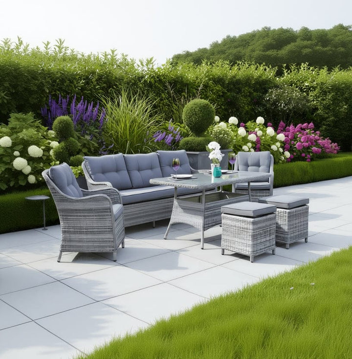 Barletta Garden Dining Set 3 Seater Sofa Grey Rattan Armchairs