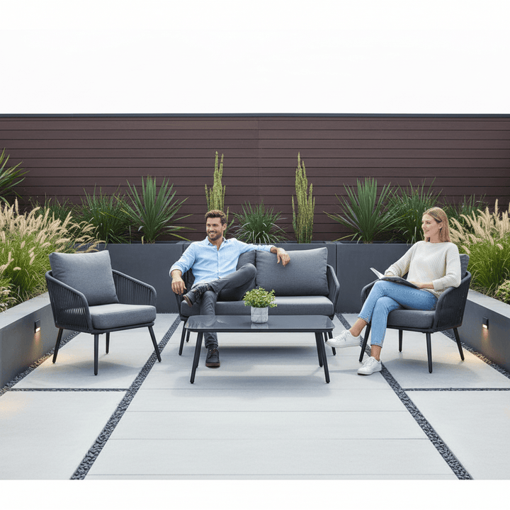 Teramo Garden Sofa Set Black Metal String Seats Glass Table