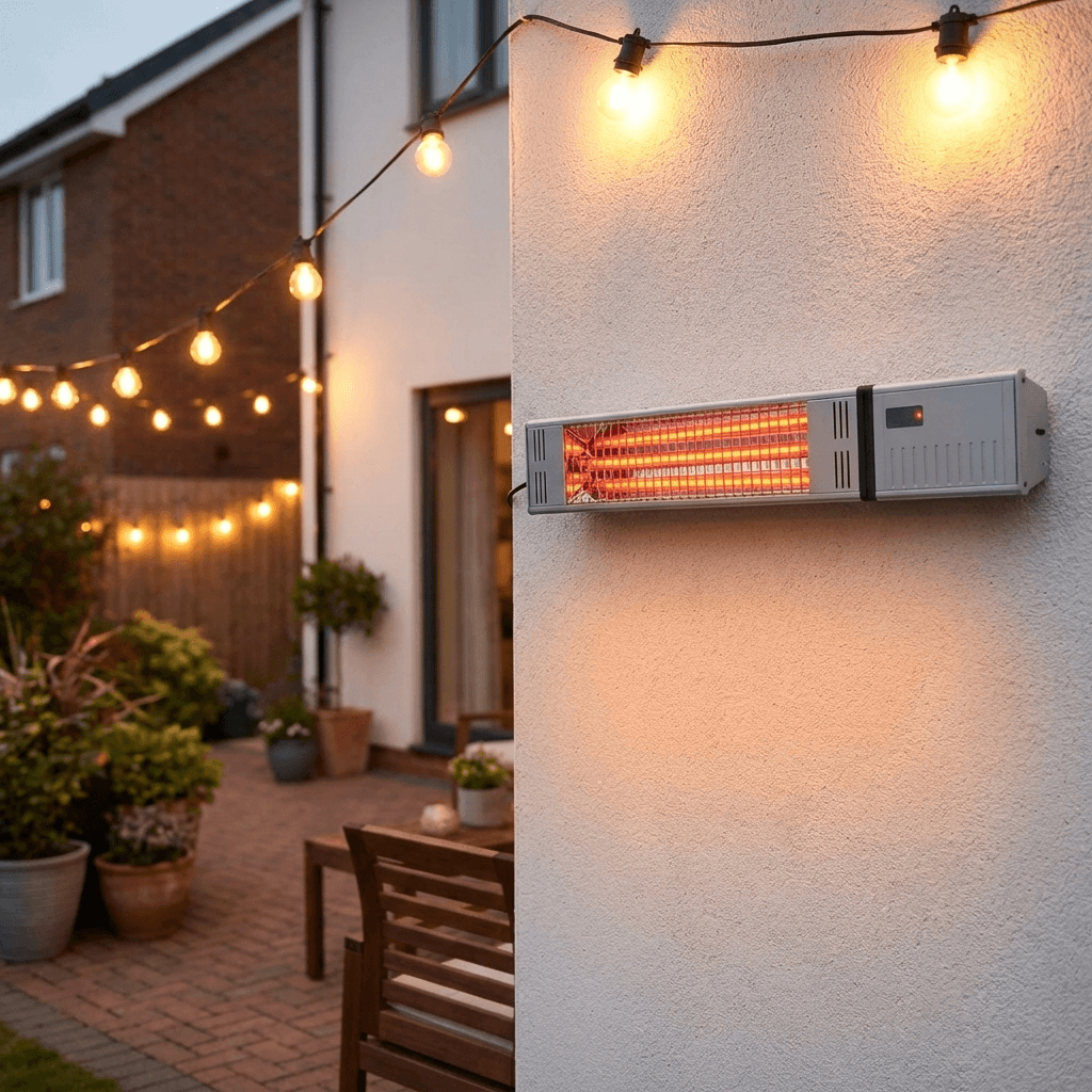 Outdoor patio heater mounted on a wall with string lights and garden furniture in the background.