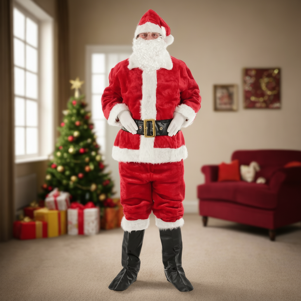 Person wearing a Santa Claus costume in a living room with Christmas decorations.