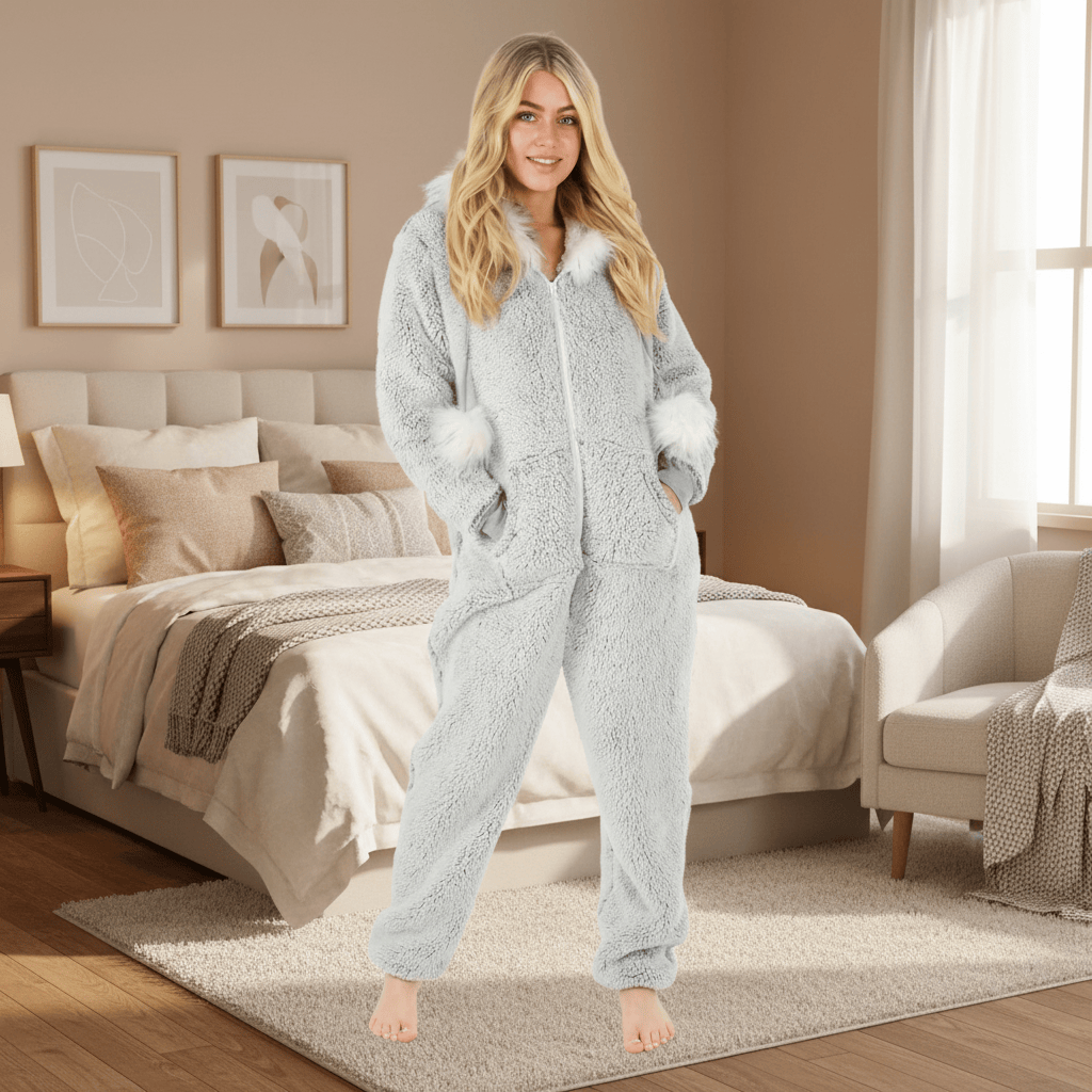 Woman wearing a grey onesie in a cosy bedroom