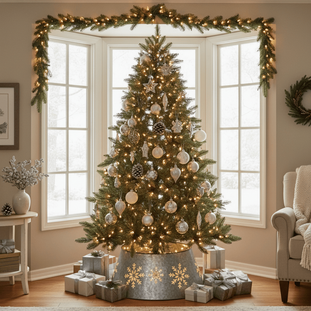 Decorated Christmas tree with lights and ornaments in a room with windows and a couch.