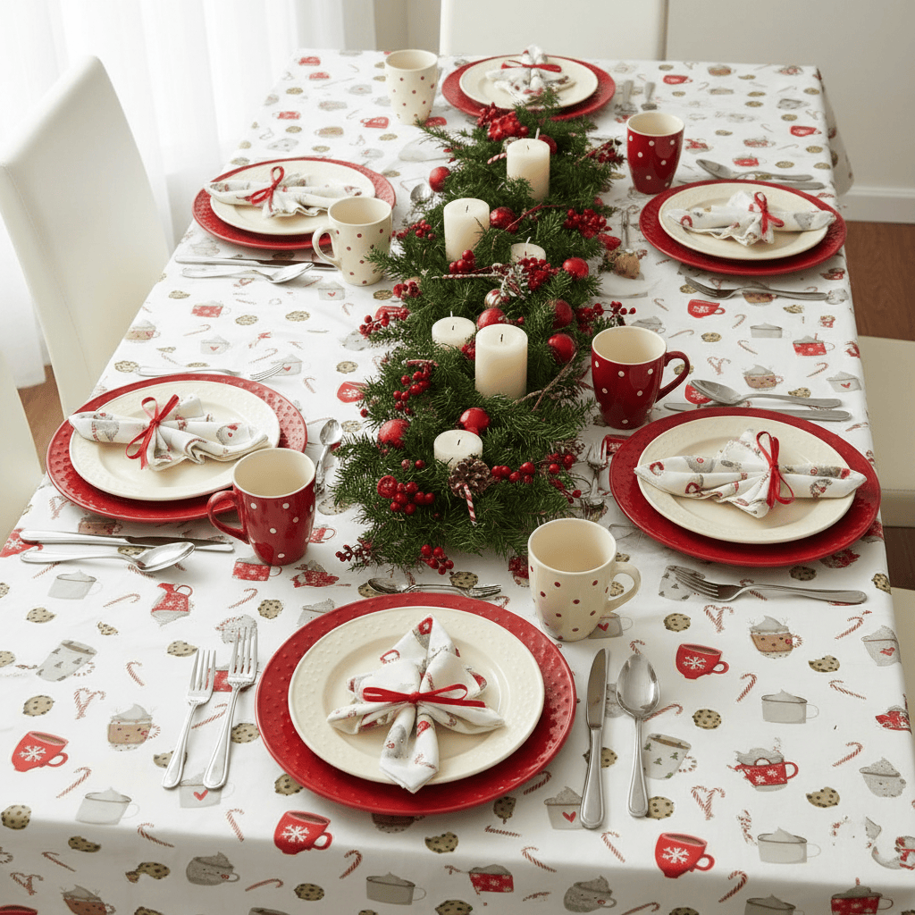 Decorated Christmas table with red and white tablecloth, plates, cups, and a central green tree.