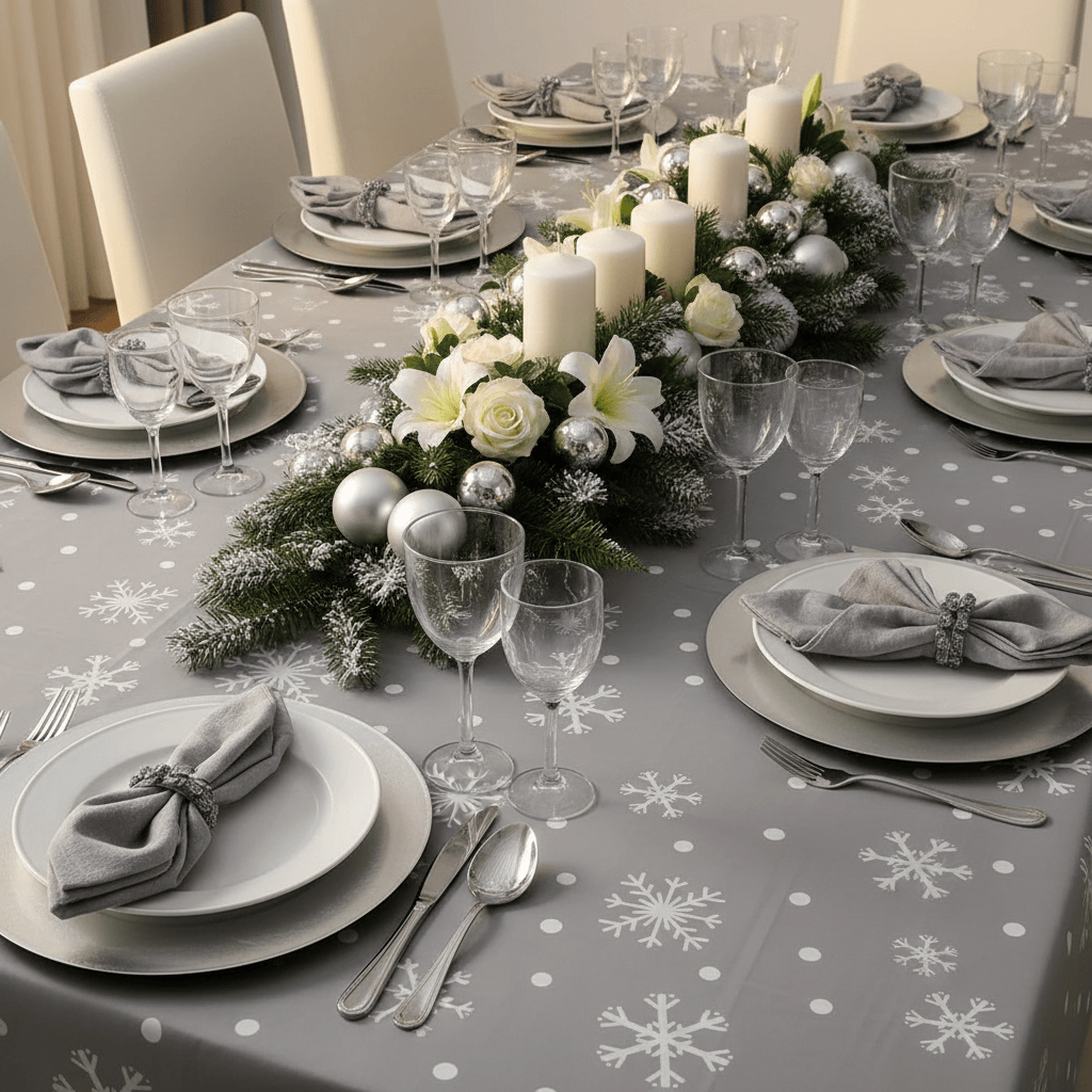 Elegant Christmas table setting with floral centerpiece, candles, and snowflake-patterned tablecloth.
