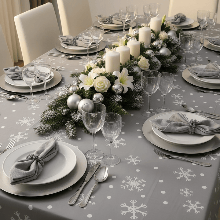 Elegant Christmas table setting with floral centerpiece, candles, and snowflake-patterned tablecloth.