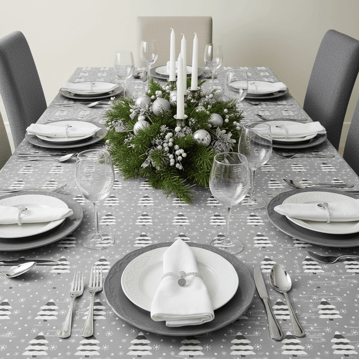 Dining table set with Christmas decorations, including a centerpiece of greenery and ornaments, on a patterned tablecloth.