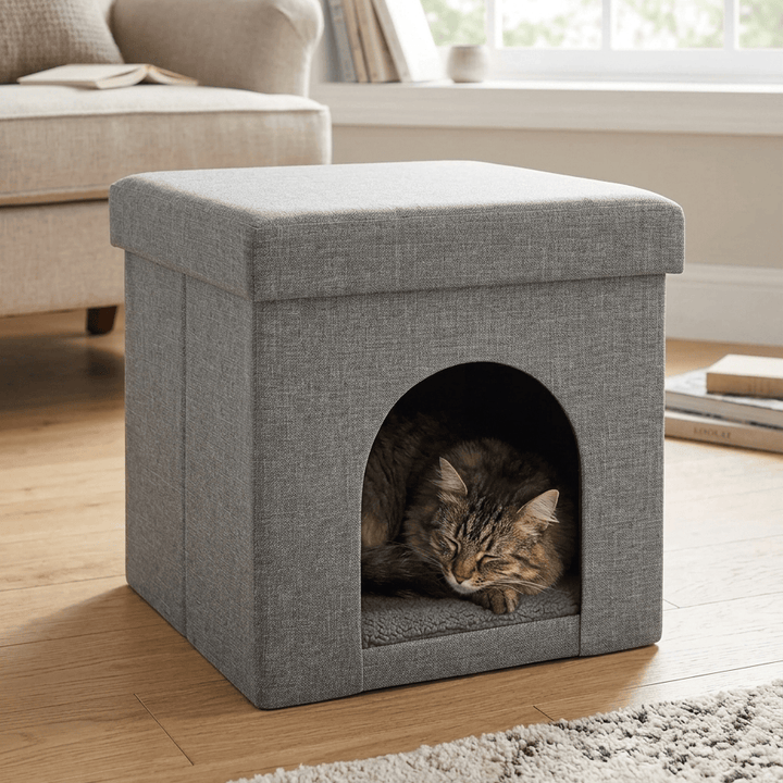 Cat lying inside a gray ottoman with a cat house design in a living room.