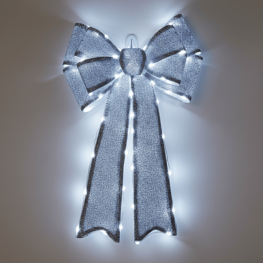 Decorative silver bow with lights on a plain background