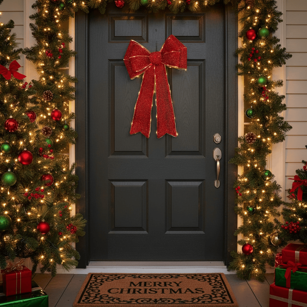Decorated front door with a red bow, Christmas lights, and wreaths.