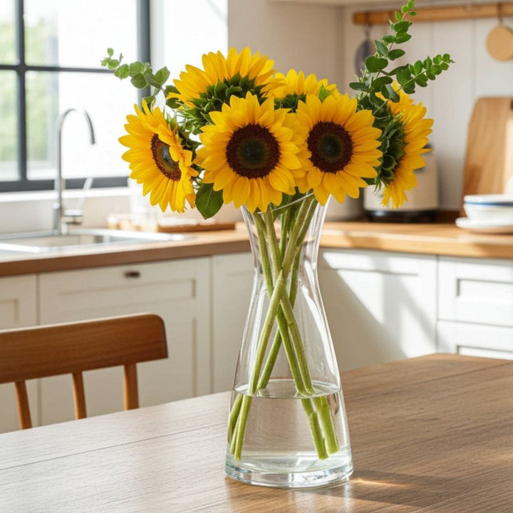 Sunflower Vase Clear Glass Slanted Rim Bouquet Foliage 27cm
