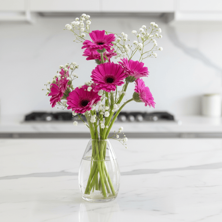 Freesia Flower Vase Clear Glass Small Posy Foliage 13cm