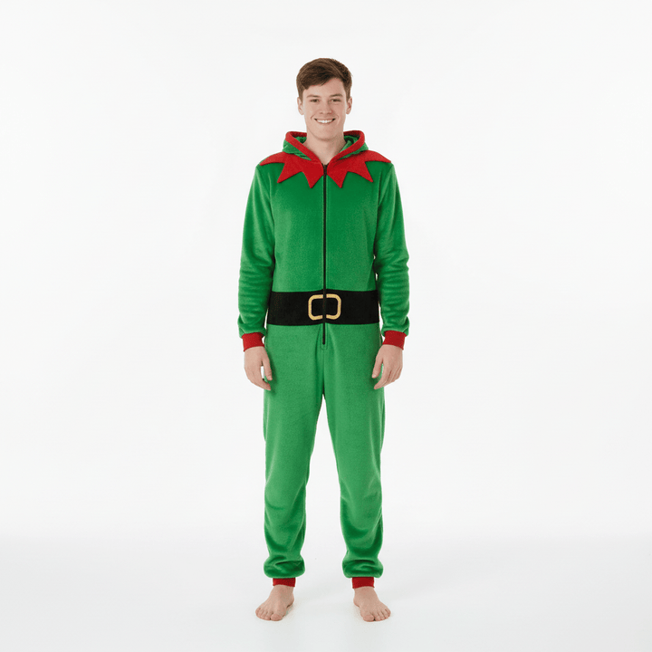 Person wearing a green elf onesie with red accents on a white background
