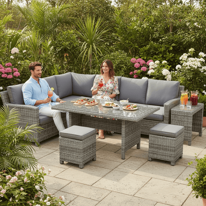 Havana Garden Dining Set Grey Rattan 3 Seater Sofas Table Stools