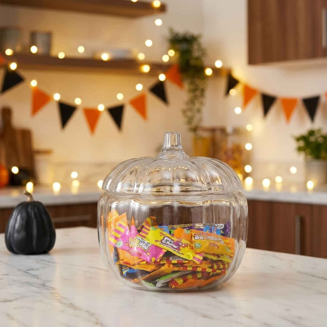 A clear glass pumpkin-shaped candy jar filled with assorted Halloween treats sits on a marble kitchen counter, with warm string lights, orange and black bunting, and a small black pumpkin in the softly blurred background.