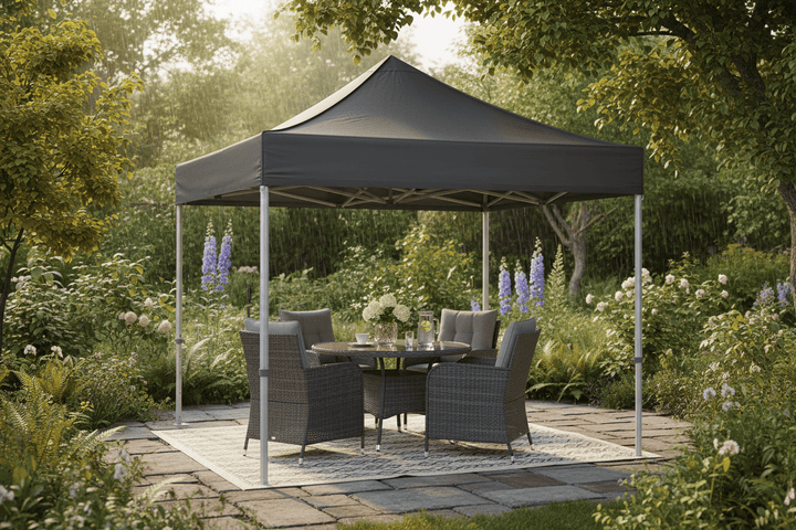 Garden gazebo with outdoor furniture in a lush garden setting