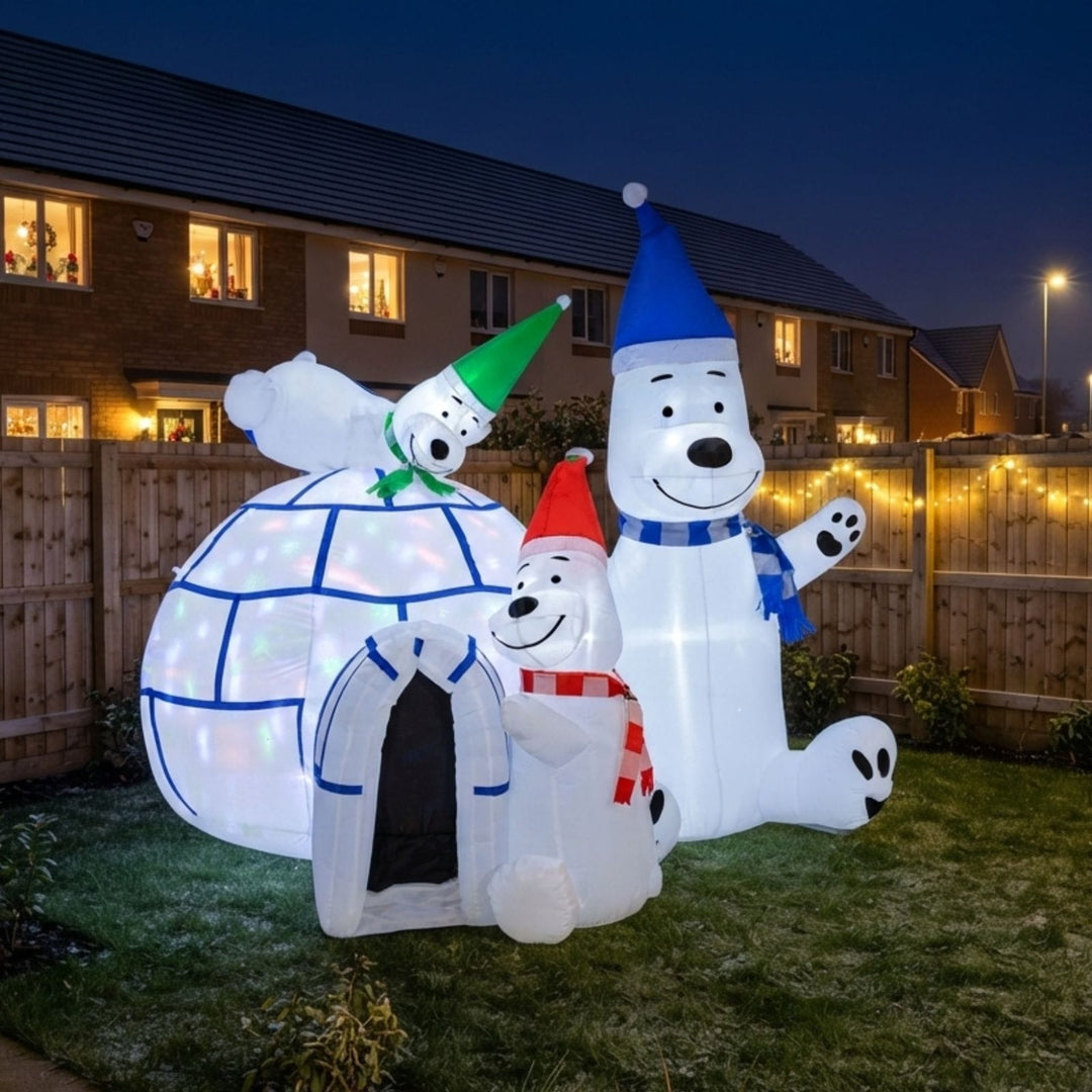 inflatable polar bear igloo decoration in back garden of residential house area