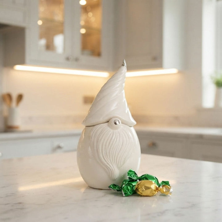 A white ceramic gnome figurine with a textured beard and pointed hat sits on a marble kitchen counter, with foil-wrapped chocolates in green and gold in front of it.