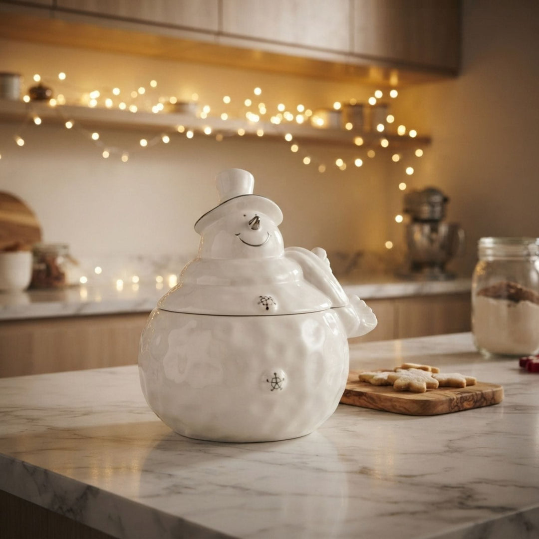A white ceramic snowman-shaped cookie jar sits on a marble kitchen counter, with warm fairy lights glowing in the background of a kitchen setting.