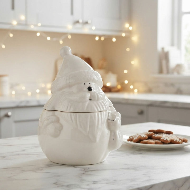 A white ceramic Santa Claus cookie jar sits on a marble kitchen counter, with a plate of cookies blurred in the background and warm string lights glowing in the kitchen above.