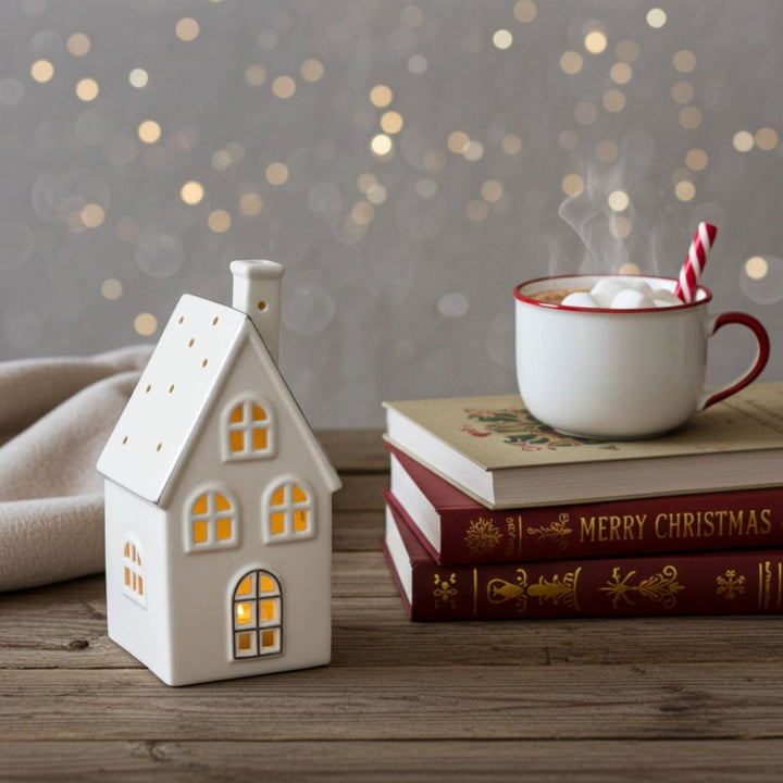 White house-shaped lantern with a lit interior, a mug of hot chocolate with marshmallows on books, and a blurred festive background.