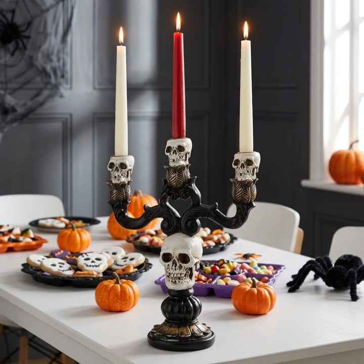 A black metal effect three-arm candelabra centerpiece with skull-shaped candle holders and a central skull base, holding three taper candles (two white, one red), styled on a dining table with Halloween decorations including pumpkins, candy, and a black spider.