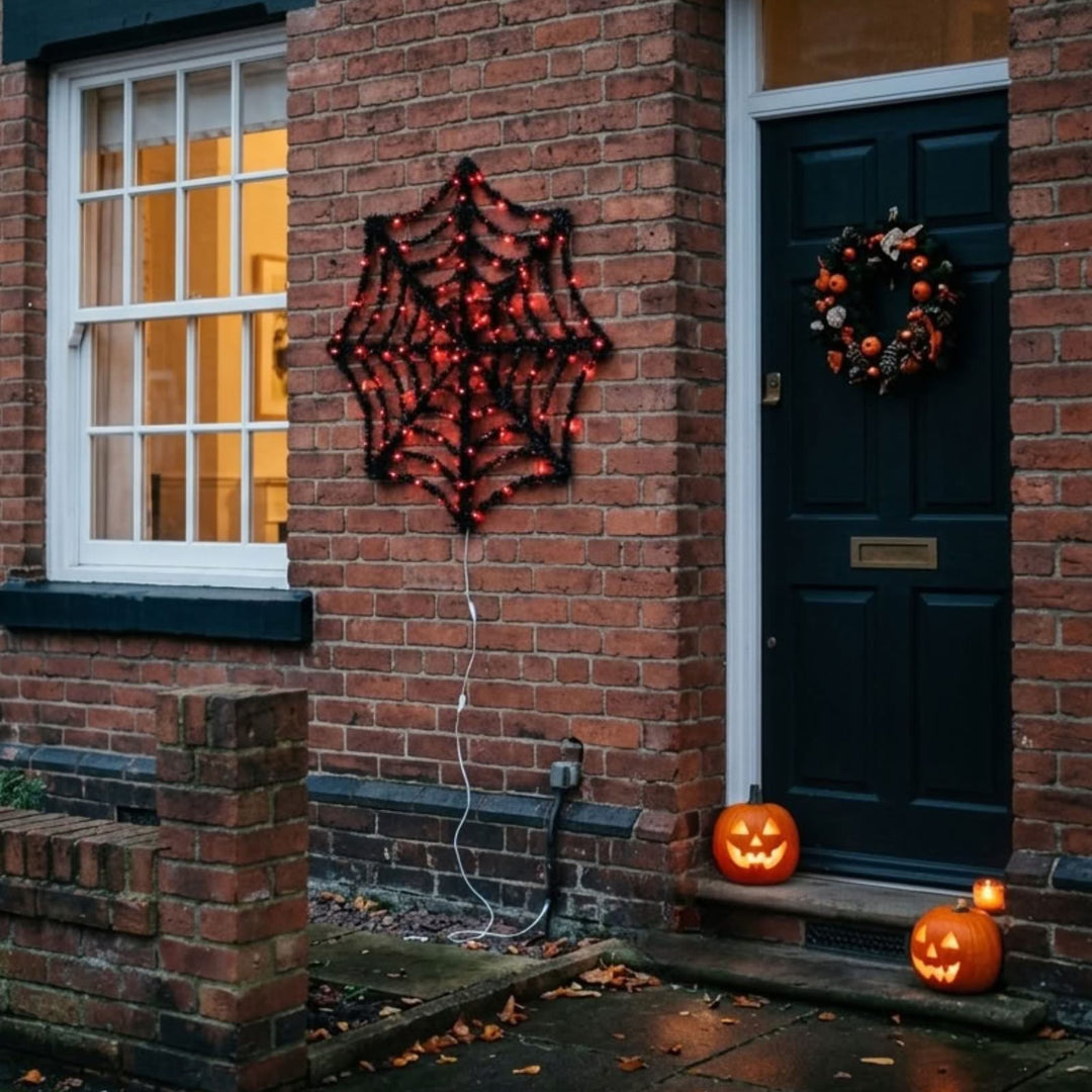 Light Up Spiders Web Black Tinsel Orange LED Decoration 80cm