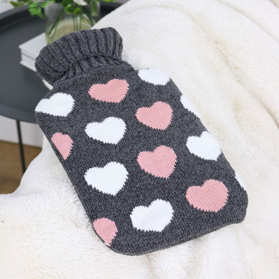 Hot Water Bottle 2 Litre Soft Knitted Cover Grey Pink