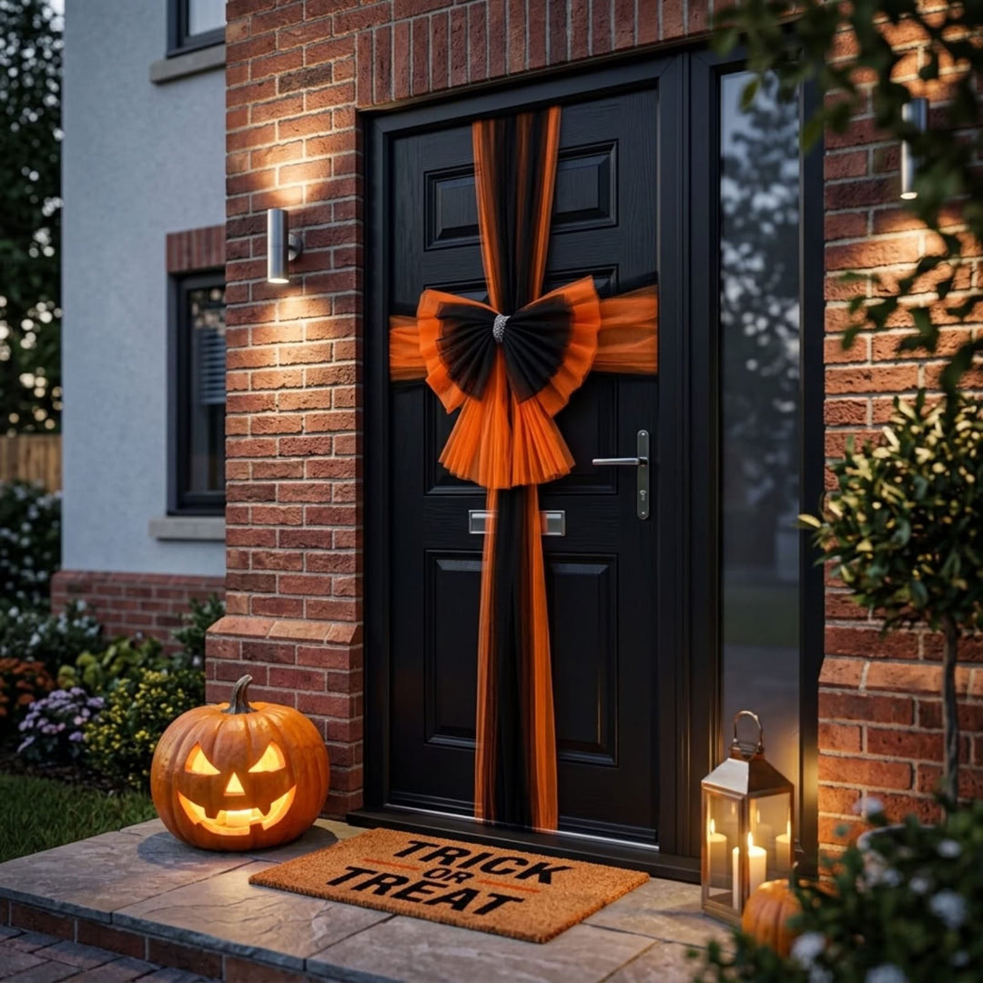 A black front door decorated for Halloween with an orange and black bow, set in a brick house entryway with a lit jack-o'-lantern, lantern, and a doormat that reads 'TRICK or TREAT'.