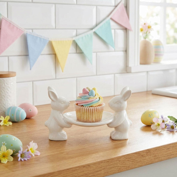 Decorative bunny figurines with a cupcake on a stand against a white tiled wall with colorful bunting.