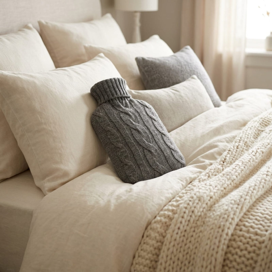 A gray cable-knit hot water bottle with a matching knit neck cover, styled on a bed with cream linen bedding and a chunky cream throw blanket.