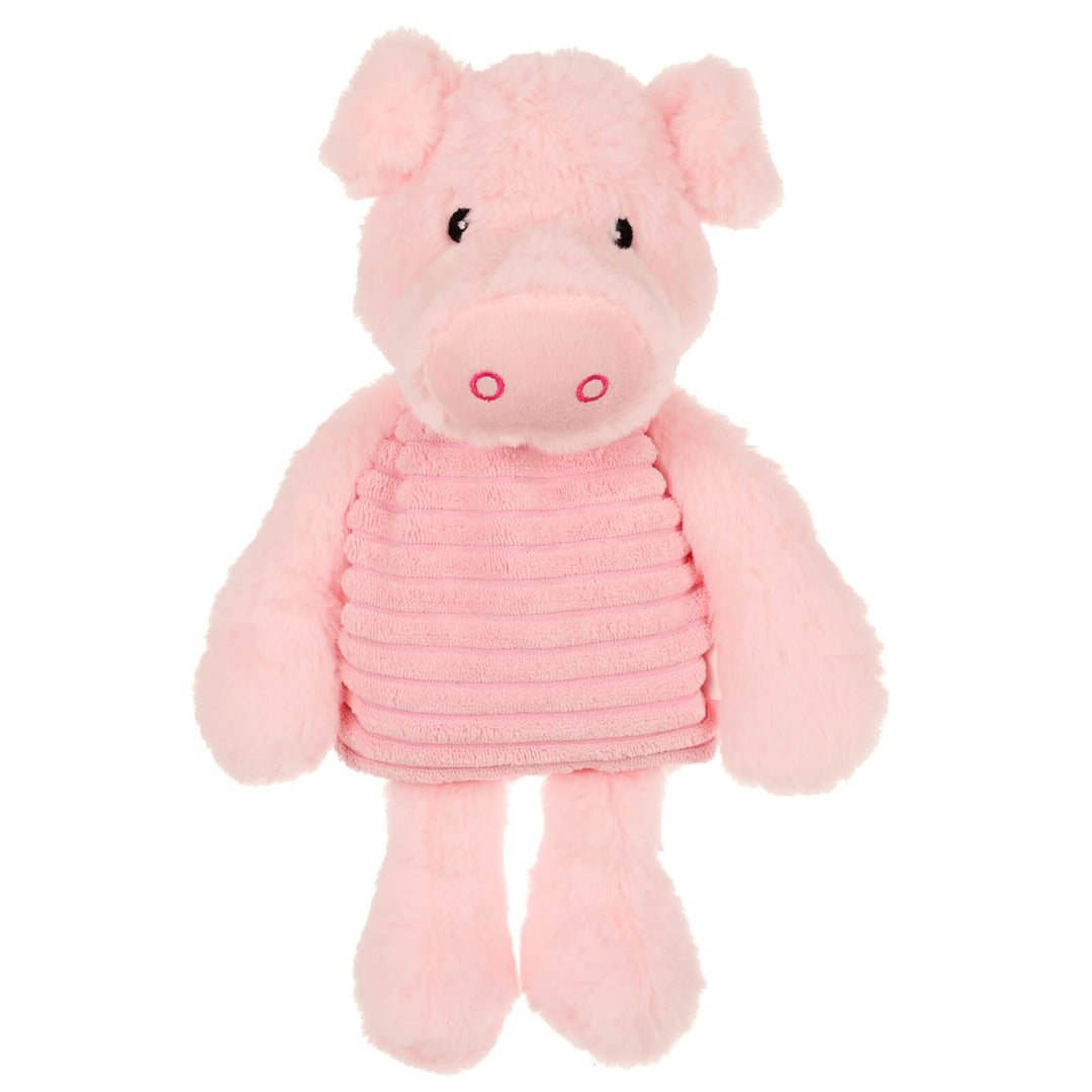 Pink plush pig with ribbed tummy fabric on a white background