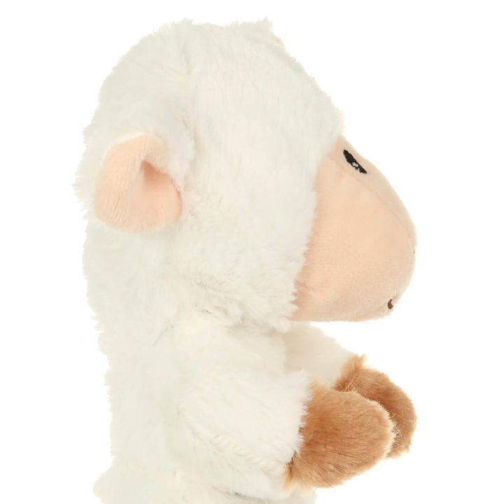 Close up of the head of a plush white sheep on a white background