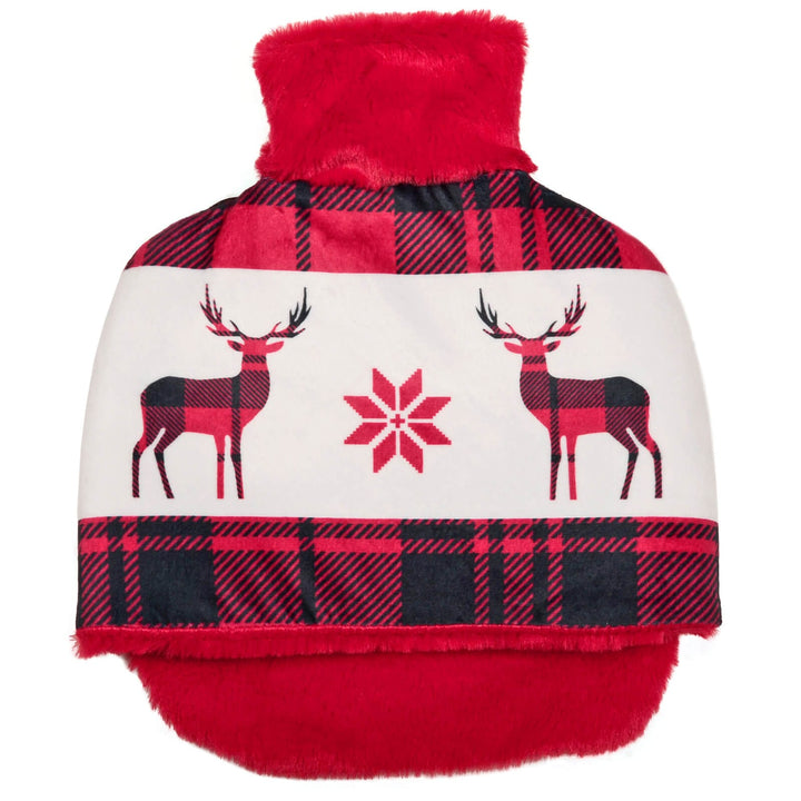 Red reindeer and tartan design hot water bottle on a white background