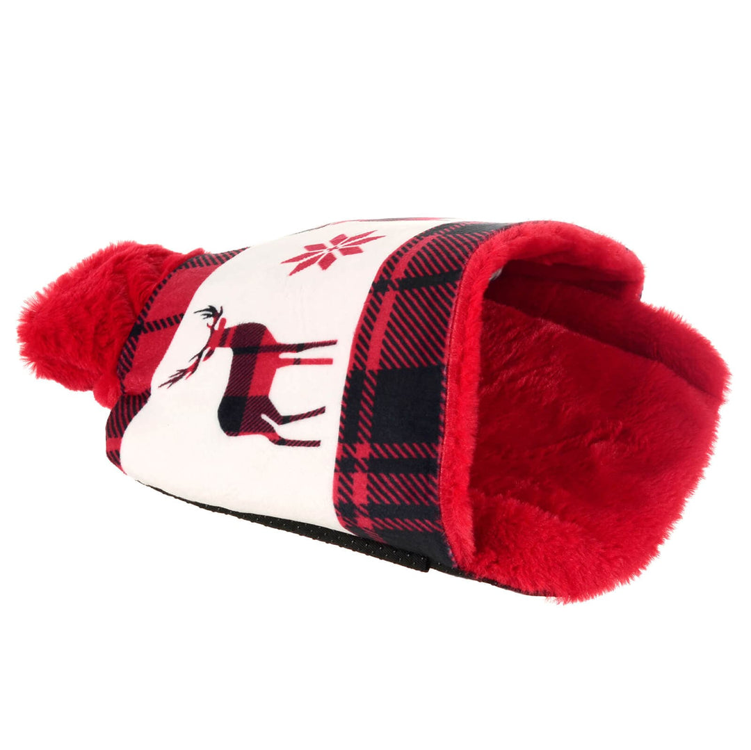 red tartan Christmas reindeer design furry hot water bottle foot warmer on a white background
