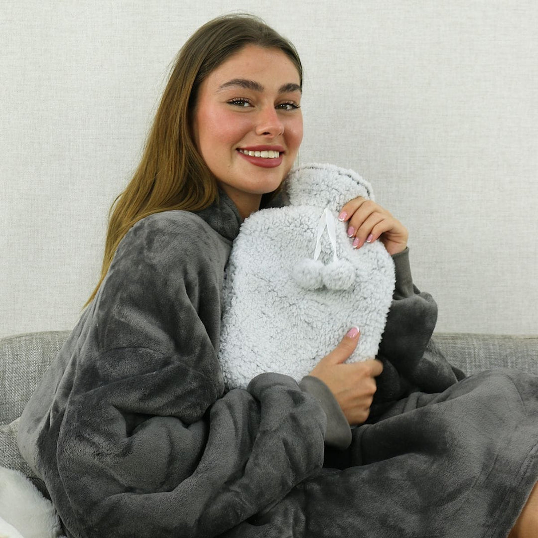 Hot Water Bottle Grey Luxury Sherpa Thick Fleece Cover 2 Litre