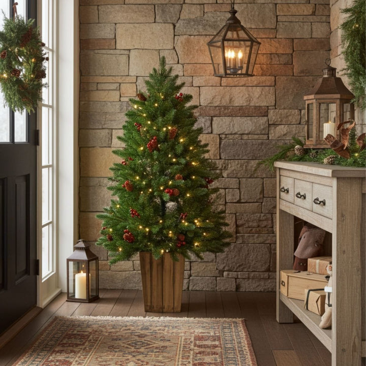 Decorated Christmas tree in a room with stone wall and wooden furniture.