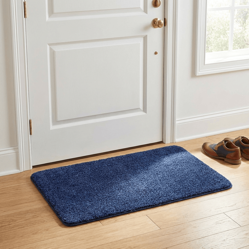 blue door mat on wooden floor in front of interior door