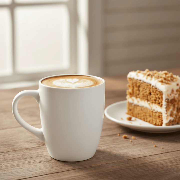 White mug with cappuccino and a slice of cake on a wooden table.