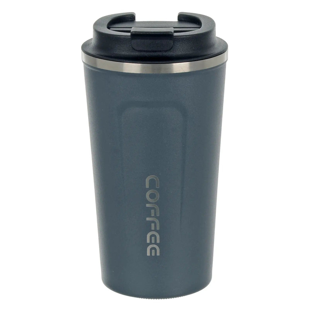 Large grey vacuum coffee mug with black flip top lid