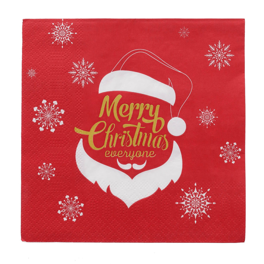 Red Christmas napkin with snowflakes Santa graphic and gold Merry Christmas slogan