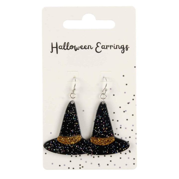 Halloween earrings in the shape of black witch hats with gold bases on a branded card.