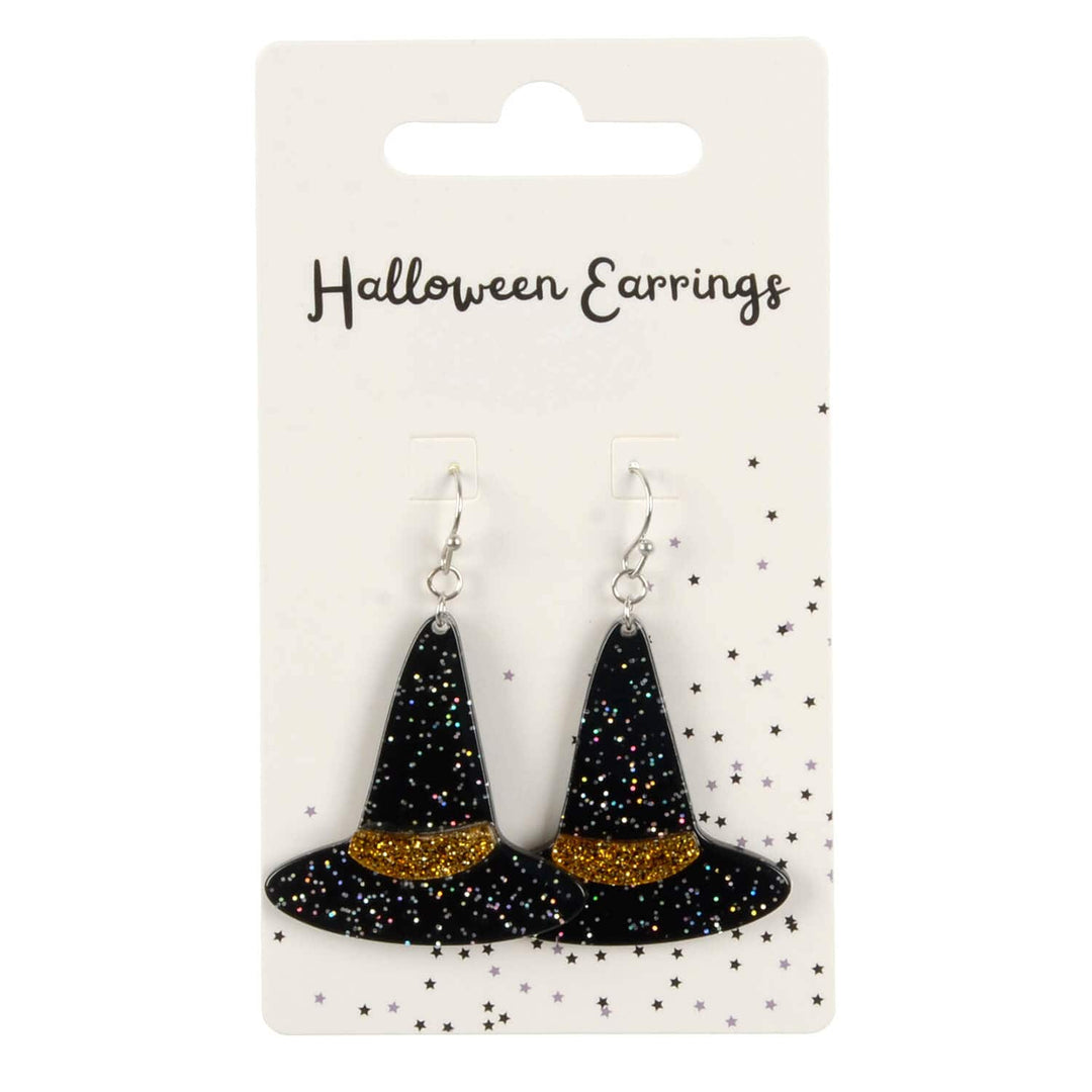 Halloween earrings in the shape of black witch hats with gold bases on a branded card.