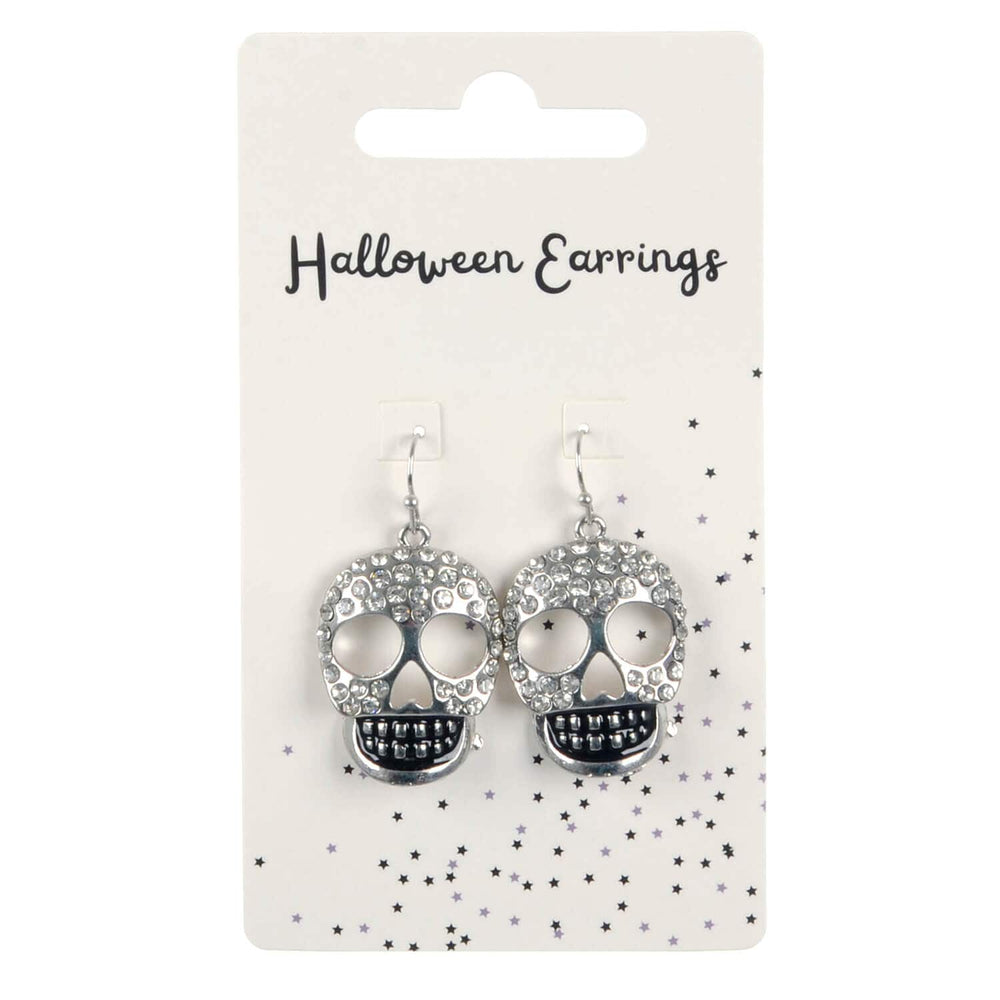 Halloween skull earrings on a branded card with a white background