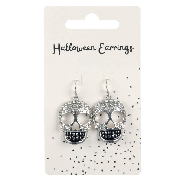 Halloween skull earrings on a branded card with a white background