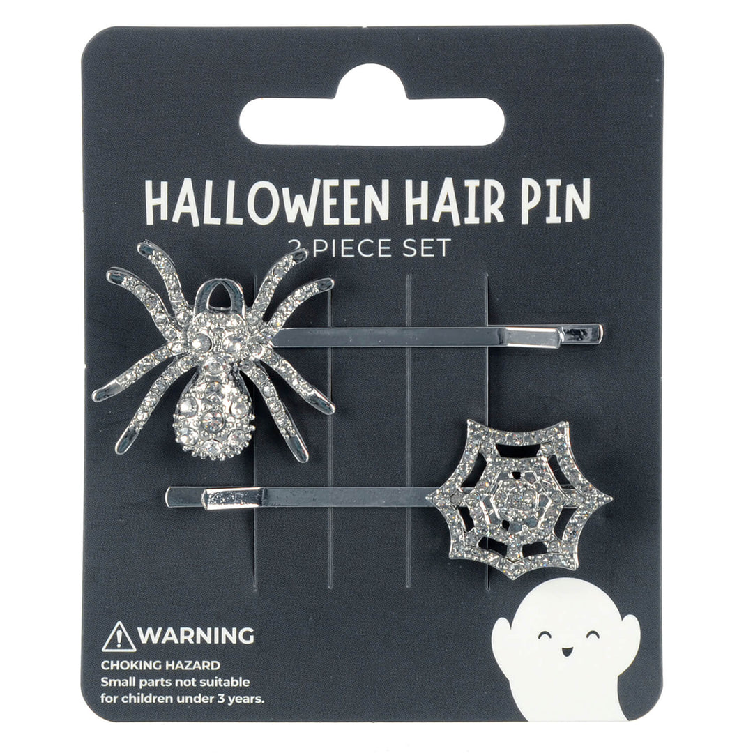 Halloween-themed hair pin set on a black card with spider, web, and ghost designs.