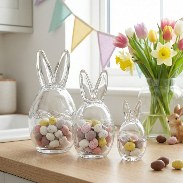 Three glass bunny-shaped containers filled with colorful mini Easter eggs on a wooden surface.