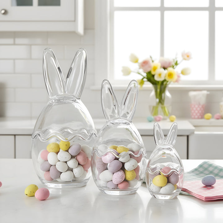 Set of 3 Easter Bunny Ears Glass Treat Sweets Storage Jars