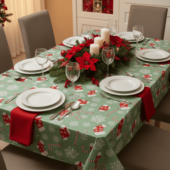 Dining table set with Christmas-themed tablecloth, decorations, and cutlery.